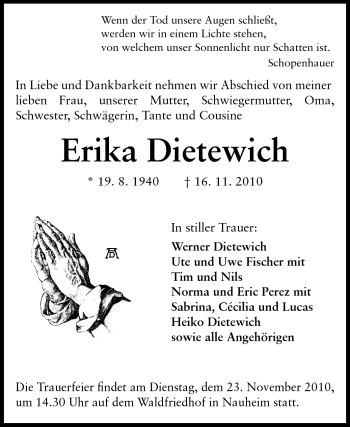 Traueranzeige von Erika Dietewich von Rüsselsheimer Echo, Groß-Gerauer-Echo, Ried Echo