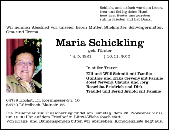 Traueranzeige von Maria Schickling von Odenwälder Echo