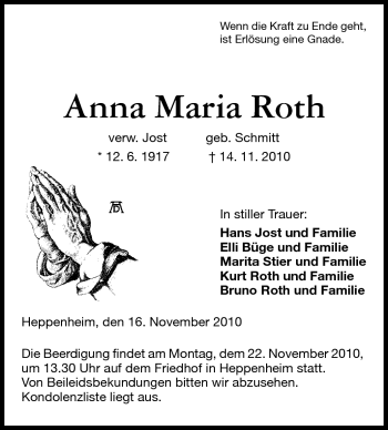 Traueranzeige von Anna Maria Roth von Starkenburger Echo