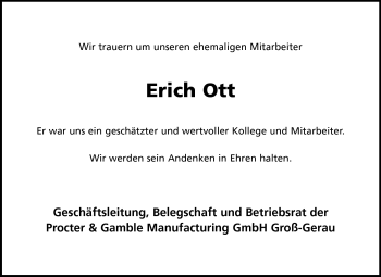 Traueranzeige von Erich Ott von Darmstädter Echo, Odenwälder Echo, Rüsselsheimer Echo, Groß-Gerauer-Echo, Ried Echo