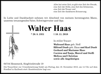 Traueranzeige von Walter Haas von Odenwälder Echo