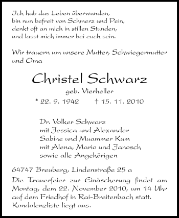 Traueranzeige von Christel Schwarz von Odenwälder Echo