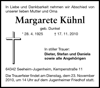 Traueranzeige von Margarete Kühnl von Echo-Zeitungen (Gesamtausgabe)