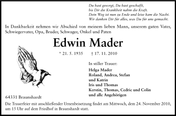 Traueranzeige von Edwin Mader von Darmstädter Echo, Odenwälder Echo, Rüsselsheimer Echo, Groß-Gerauer-Echo, Ried Echo