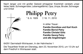 Traueranzeige von Philipp Petry von Darmstädter Echo, Odenwälder Echo, Rüsselsheimer Echo, Groß-Gerauer-Echo, Ried Echo