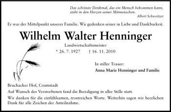 Traueranzeige von Wilhelm Walter Henninger von Rüsselsheimer Echo, Groß-Gerauer-Echo, Ried Echo