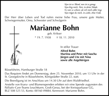Traueranzeige von Marianne Bohn von Rüsselsheimer Echo, Groß-Gerauer-Echo, Ried Echo