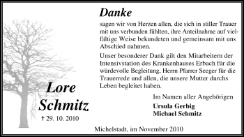 Traueranzeige von Lore Schmitz von Odenwälder Echo