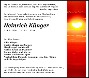 Traueranzeige von Heinrich Klinger von Odenwälder Echo
