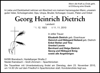 Traueranzeige von Georg Heinrich Dietrich von Echo-Zeitungen (Gesamtausgabe)
