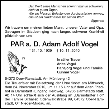Traueranzeige von Adam Adolf Vogel von Darmstädter Echo, Odenwälder Echo, Rüsselsheimer Echo, Groß-Gerauer-Echo, Ried Echo