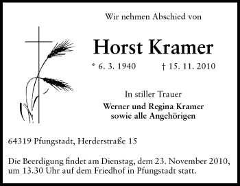 Traueranzeige von Horst Kramer von Darmstädter Echo, Odenwälder Echo, Rüsselsheimer Echo, Groß-Gerauer-Echo, Ried Echo