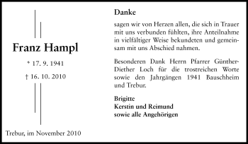 Traueranzeige von Franz Hampl von Rüsselsheimer Echo, Groß-Gerauer-Echo, Ried Echo