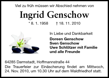 Traueranzeige von Ingrid Genschow von Echo-Zeitungen (Gesamtausgabe)