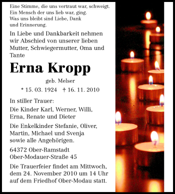 Traueranzeige von erna Kropp von Echo-Zeitungen (Gesamtausgabe)