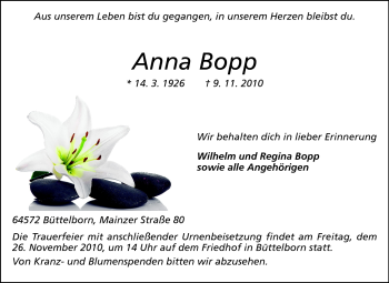 Traueranzeige von Ann Bopp von Rüsselsheimer Echo, Groß-Gerauer-Echo, Ried Echo