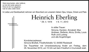 Traueranzeige von Heinrich Eberling von Rüsselsheimer Echo, Groß-Gerauer-Echo, Ried Echo