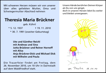 Traueranzeige von Theresia Maria Brückner von Darmstädter Echo, Odenwälder Echo, Rüsselsheimer Echo, Groß-Gerauer-Echo, Ried Echo