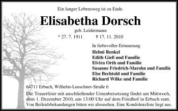 Traueranzeige von Elisabetha Dorsch von Odenwälder Echo
