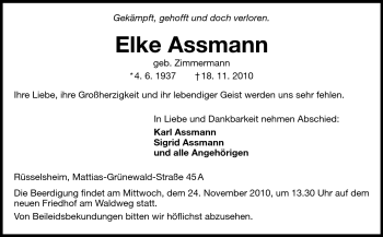 Traueranzeige von Elke Assmann von Rüsselsheimer Echo, Groß-Gerauer-Echo, Ried Echo