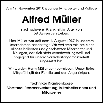 Traueranzeige von Alfred Müller von Echo-Zeitungen (Gesamtausgabe)