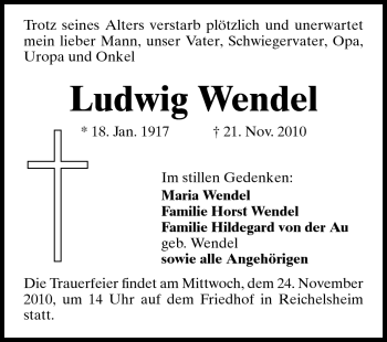 Traueranzeige von Ludwig Wendel von Odenwälder Echo