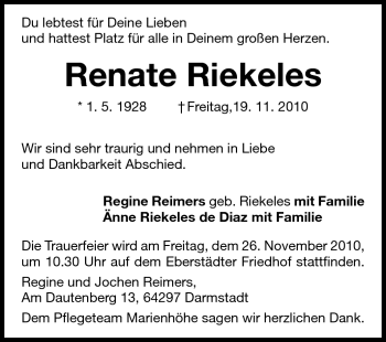 Traueranzeige von Renate Riekeles von Darmstädter Echo, Odenwälder Echo, Rüsselsheimer Echo, Groß-Gerauer-Echo, Ried Echo