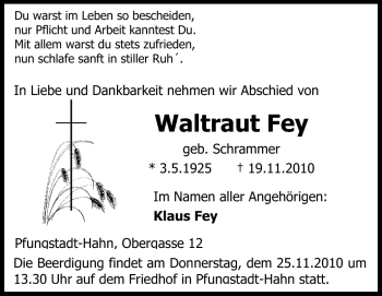 Traueranzeige von Waltraut Fey von Echo-Zeitungen (Gesamtausgabe)