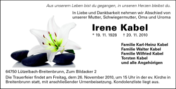Traueranzeige von Irene Kabel von Odenwälder Echo