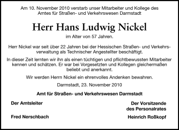 Traueranzeige von Hans Ludwig Nickel von Echo-Zeitungen (Gesamtausgabe)