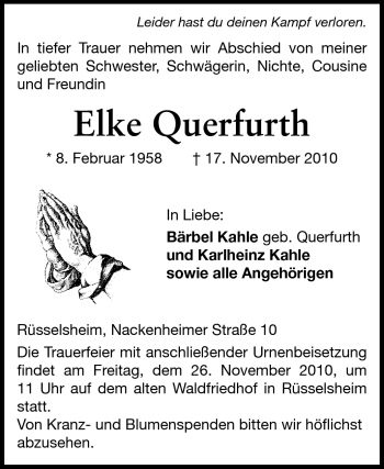 Traueranzeige von Elke Querfurth von Rüsselsheimer Echo, Groß-Gerauer-Echo, Ried Echo