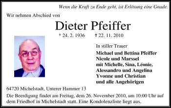 Traueranzeige von Dieter Pfeiffer von Odenwälder Echo