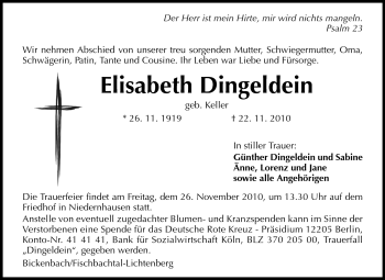 Traueranzeige von Elisabeth Dingeldein von Echo-Zeitungen (Gesamtausgabe)