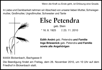 Traueranzeige von Else Petendra von Echo-Zeitungen (Gesamtausgabe)