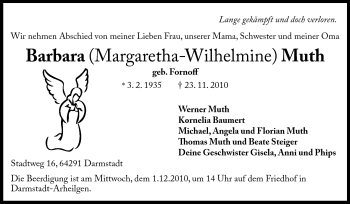 Traueranzeige von Barbara Margaretha-Wilhemine Muth von Echo-Zeitungen (Gesamtausgabe)