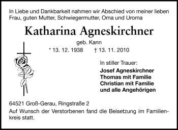 Traueranzeige von Katharina Agneskirchner von Rüsselsheimer Echo, Groß-Gerauer-Echo, Ried Echo
