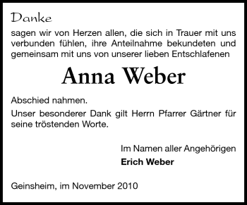 Traueranzeige von Anna Weber von Rüsselsheimer Echo, Groß-Gerauer-Echo, Ried Echo