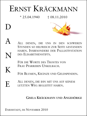 Traueranzeige von Ernst Kräckmann von Echo-Zeitungen (Gesamtausgabe)