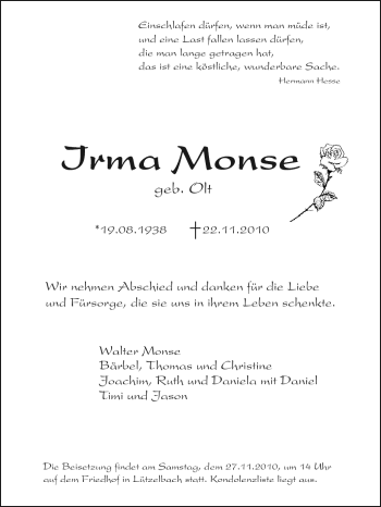 Traueranzeige von Irma Monse von Odenwälder Echo