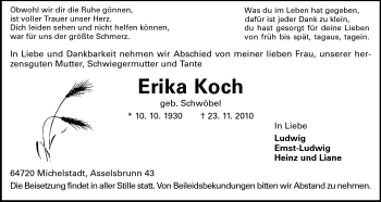 Traueranzeige von Erika Koch von Odenwälder Echo