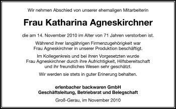 Traueranzeige von Katharina Agneskirchner von Rüsselsheimer Echo, Groß-Gerauer-Echo, Ried Echo