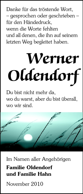 Traueranzeige von Werner Oldendorf von Echo-Zeitungen (Gesamtausgabe)