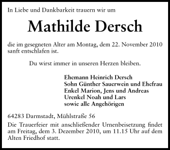 Traueranzeige von Mathilde Dersch von Darmstädter Echo, Odenwälder Echo, Rüsselsheimer Echo, Groß-Gerauer-Echo, Ried Echo