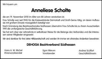 Traueranzeige von Anneliese Scholte von Echo-Zeitungen (Gesamtausgabe)