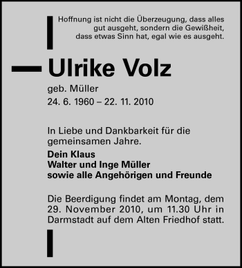 Traueranzeige von Ulrike Volz von Darmstädter Echo, Odenwälder Echo, Rüsselsheimer Echo, Groß-Gerauer-Echo, Ried Echo