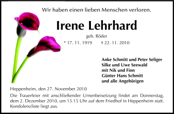 Traueranzeige von Irene Lehrhard von Starkenburger Echo