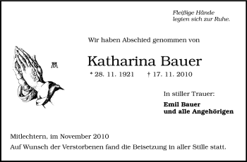 Traueranzeige von Katharina Bauer von Starkenburger Echo