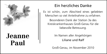 Traueranzeige von Jeanne Paul von Rüsselsheimer Echo, Groß-Gerauer-Echo, Ried Echo
