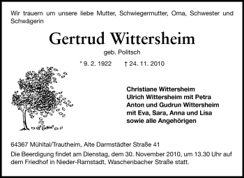 Traueranzeige von Gertrud Wittersbach von Echo-Zeitungen (Gesamtausgabe)