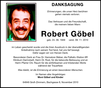 Traueranzeige von Robert Franz Johannes Göbel von Echo-Zeitungen (Gesamtausgabe)